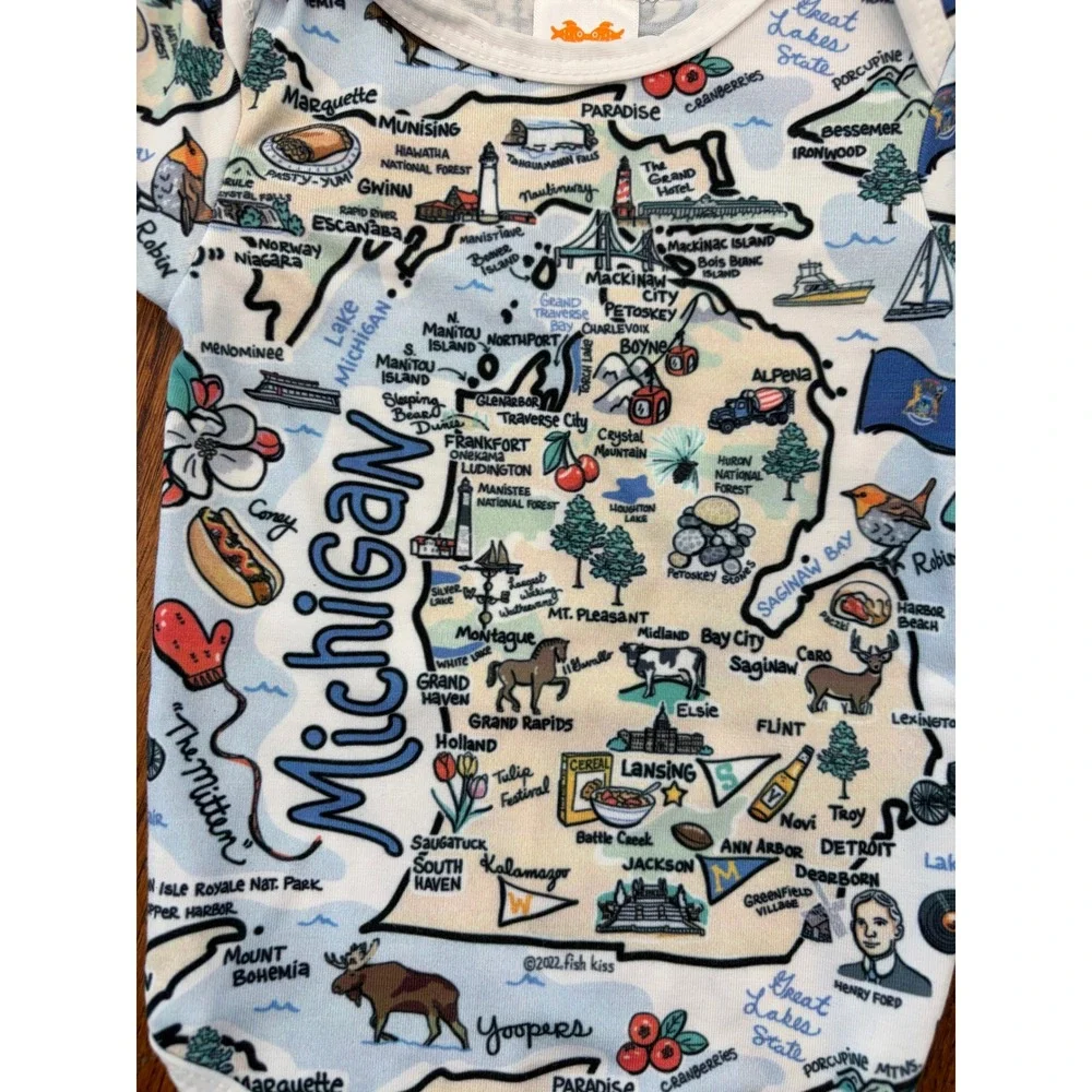 Michigan State Map Baby Bodysuit Onesie Blue White Illustrated Print 3-6M